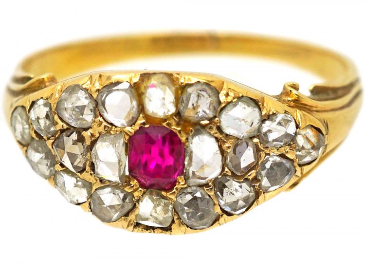 Victorian 18ct Gold Cluster Ring set with a Ruby & Graduated Rose Diamonds