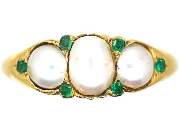 Victorian 18ct Gold, Three Natural Split Pearl Ring with Emerald Points