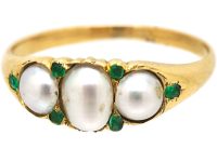 Victorian 18ct Gold, Three Natural Split Pearl Ring with Emerald Points