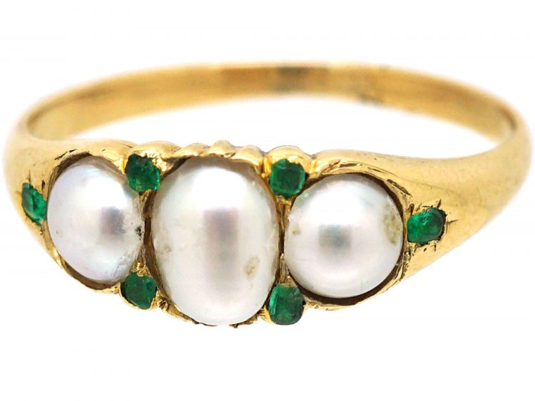 Victorian 18ct Gold, Three Natural Split Pearl Ring with Emerald Points
