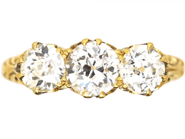 Victorian 18ct Gold, Three Stone Diamond Carved Half Hoop Ring