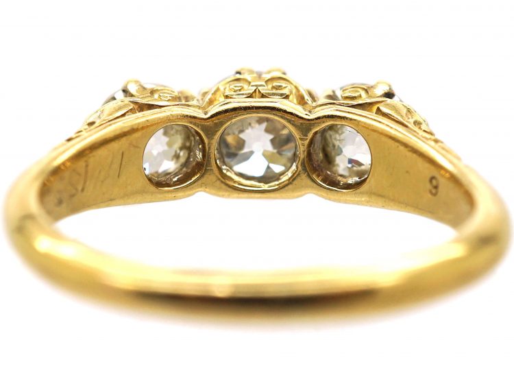 Victorian 18ct Gold, Three Stone Diamond Carved Half Hoop Ring