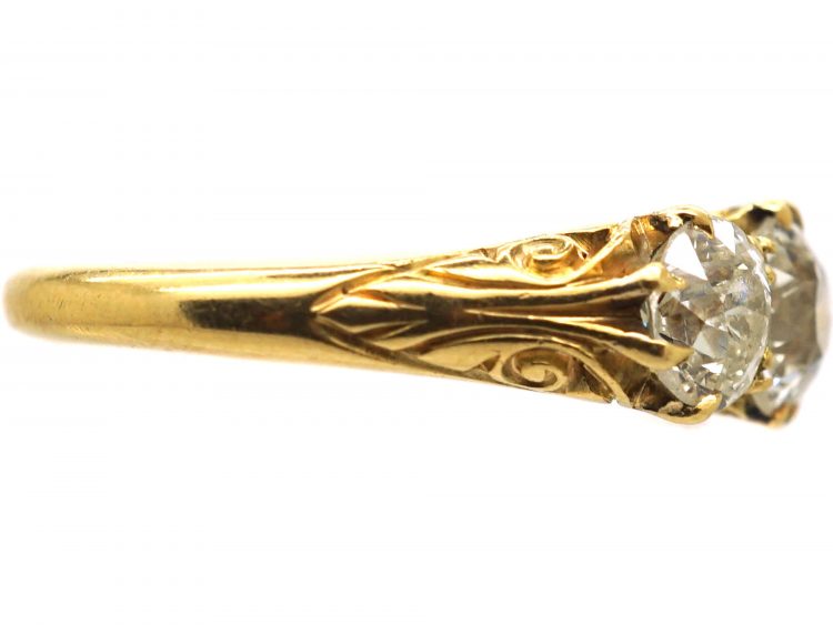 Victorian 18ct Gold, Three Stone Diamond Carved Half Hoop Ring