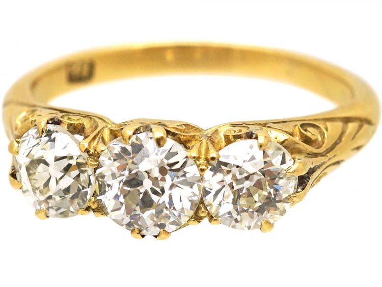 Victorian 18ct Gold, Three Stone Diamond Carved Half Hoop Ring