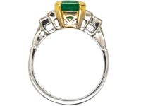 18ct Gold Emerald Ring with Baguette Diamonds on Either Side