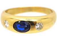 18ct Gold Rub Over Set Sapphire & Diamond Three Stone Ring