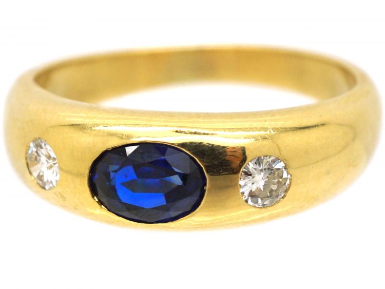 18ct Gold Rub Over Set Sapphire & Diamond Three Stone Ring