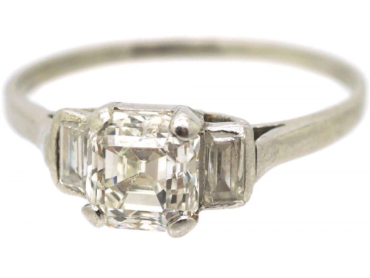 Art Deco Platinum Ring set with an Asscher Cut Diamond with Baguette Diamond Shoulders
