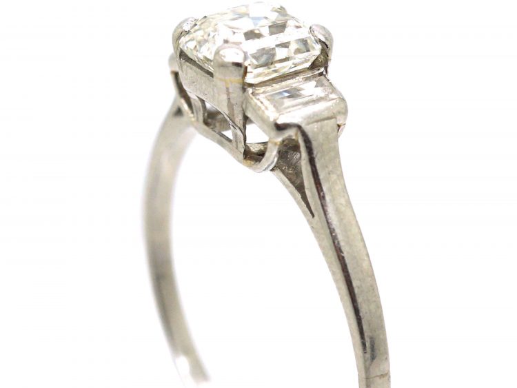 Art Deco Platinum Ring set with an Asscher Cut Diamond with Baguette Diamond Shoulders