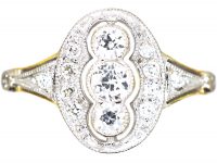 Art Deco 18ct Gold & Platinum, Three Stone Diamond Ring with Diamond Detail