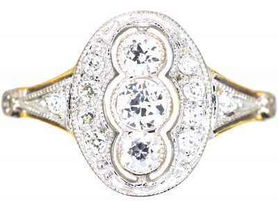 Art Deco 18ct Gold & Platinum, Three Stone Diamond Ring with Diamond Detail