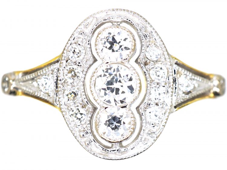 Art Deco 18ct Gold & Platinum, Three Stone Diamond Ring with Diamond Detail