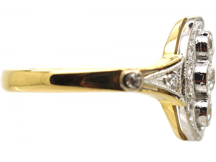 Art Deco 18ct Gold & Platinum, Three Stone Diamond Ring with Diamond Detail