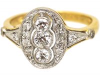 Art Deco 18ct Gold & Platinum, Three Stone Diamond Ring with Diamond Detail