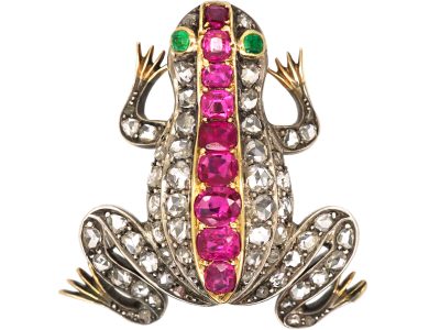 Victorian Silver & Gold Frog Brooch set with Rubies, Emeralds & Rose Diamonds