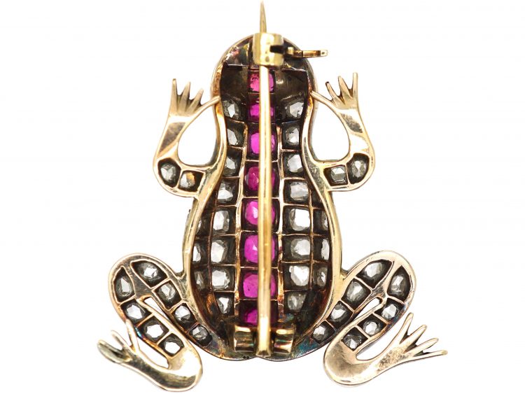 Victorian Silver & Gold Frog Brooch set with Rubies, Emeralds & Rose Diamonds