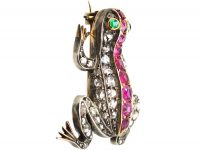Victorian Silver & Gold Frog Brooch set with Rubies, Emeralds & Rose Diamonds