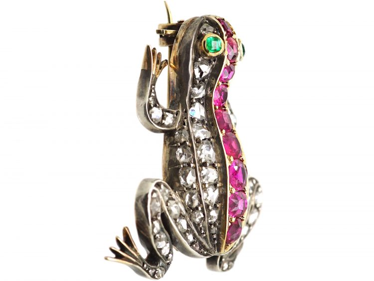 Victorian Silver & Gold Frog Brooch set with Rubies, Emeralds & Rose Diamonds