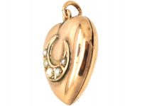 Edwardian 9ct Gold Heart Shaped Locket with Half Moon Motif set with Natural Split Pearls