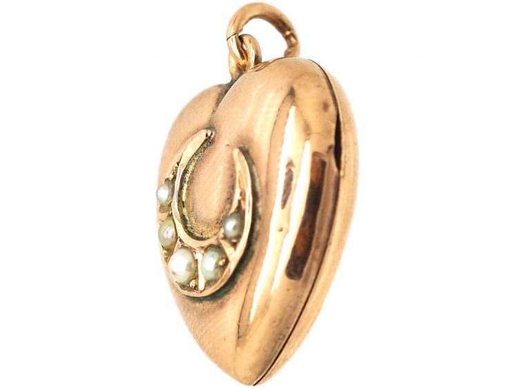 Edwardian 9ct Gold Heart Shaped Locket with Half Moon Motif set with Natural Split Pearls