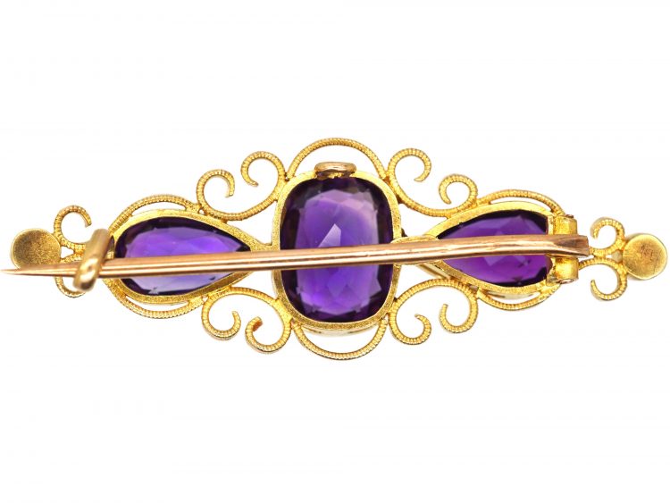 Edwardian 15ct Gold Brooch set with Three Amethysts & Natural Split Pearls