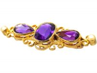 Edwardian 15ct Gold Brooch set with Three Amethysts & Natural Split Pearls