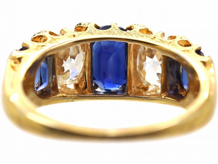 Victorian 18ct Gold Five Stone Unheated Sapphire & Diamond Ring