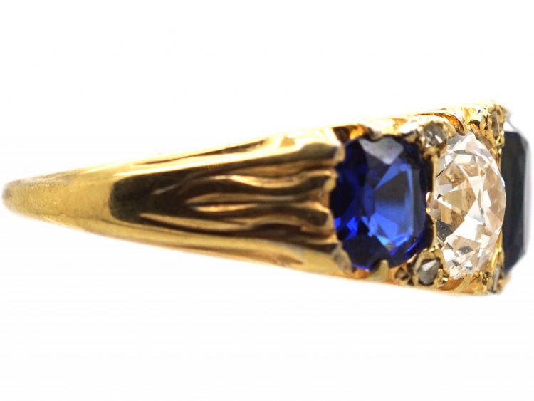 Victorian 18ct Gold Five Stone Unheated Sapphire & Diamond Ring