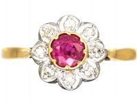 Early 20th Century 18ct Gold & Platinum, Ruby & Diamond Daisy Cluster Ring