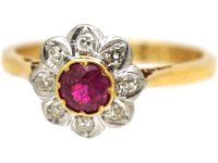Early 20th Century 18ct Gold & Platinum, Ruby & Diamond Daisy Cluster Ring