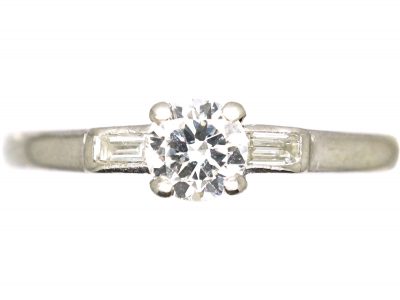 Art Deco Platinum & Diamond Solitaire Ring with Baguette Diamond Shoulders