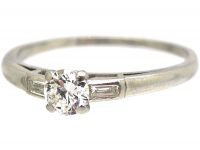 Art Deco Platinum & Diamond Solitaire Ring with Baguette Diamond Shoulders