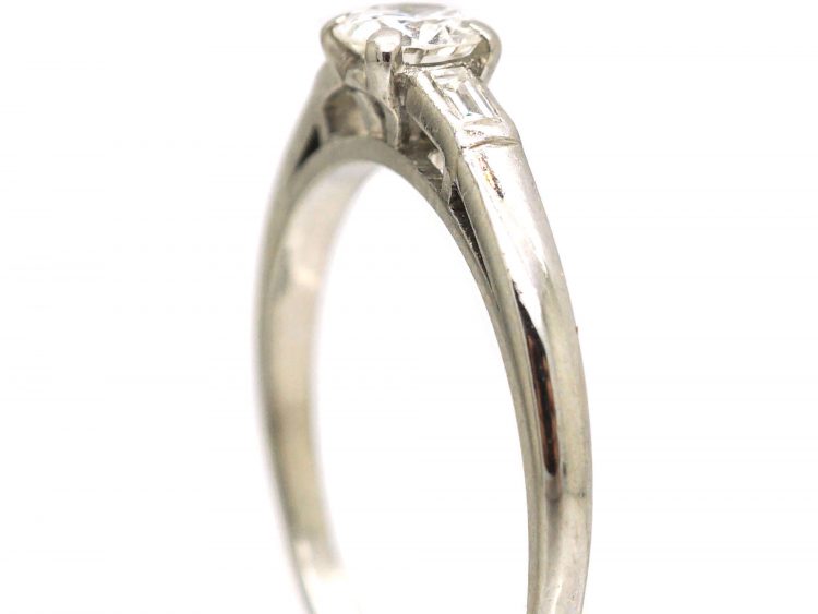 Art Deco Platinum & Diamond Solitaire Ring with Baguette Diamond Shoulders