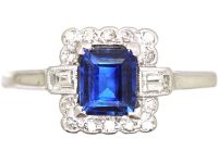 Art Deco 18ct White Gold, Rectangular Cut Sapphire & Diamond Ring