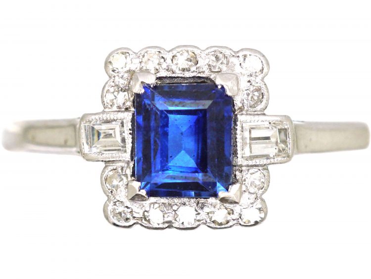Art Deco 18ct White Gold, Rectangular Cut Sapphire & Diamond Ring