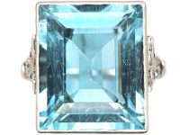 Retro 18ct White Gold, Large Aquamarine Ring with Diamond Set Shoulders