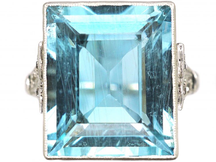 Retro 18ct White Gold, Large Aquamarine Ring with Diamond Set Shoulders