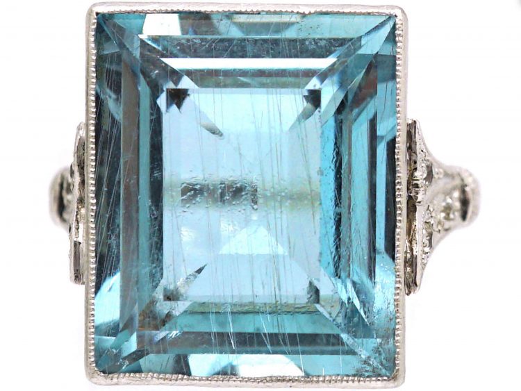 Retro 18ct White Gold, Large Aquamarine Ring with Diamond Set Shoulders