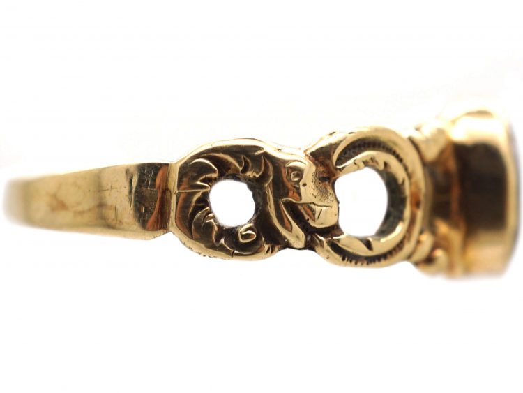 Victorian 15ct Gold Ring with Carnelian Masonic Intaglio & Snake Motif Shoulders