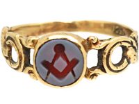 Victorian 15ct Gold Ring with Carnelian Masonic Intaglio & Snake Motif Shoulders