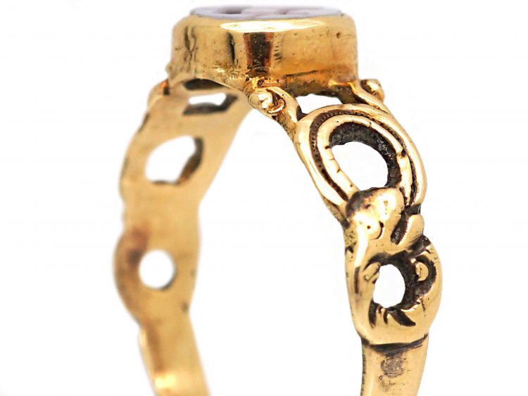 Victorian 15ct Gold Ring with Carnelian Masonic Intaglio & Snake Motif Shoulders