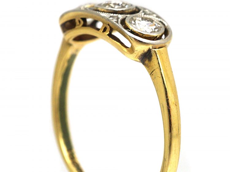 Art Deco 18ct Gold & Platinum, Three Stone Diamond Ring with Rose Diamond Detail