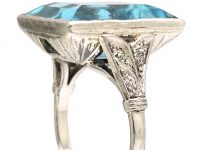 Retro 18ct White Gold, Large Aquamarine Ring with Diamond Set Shoulders
