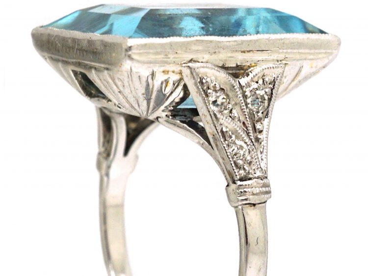 Retro 18ct White Gold, Large Aquamarine Ring with Diamond Set Shoulders