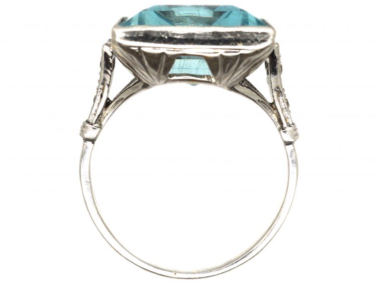 Retro 18ct White Gold, Large Aquamarine Ring with Diamond Set Shoulders