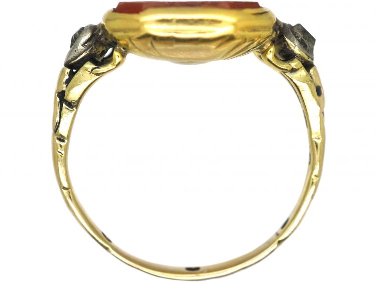 Early 18th Century Gold & Diamond Armorial Ring set with a Carnelian