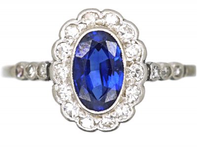 Art Deco 18ct White Gold & Platinum, Sapphire & Diamond Oval Cluster Ring with Diamond Set Shoulders