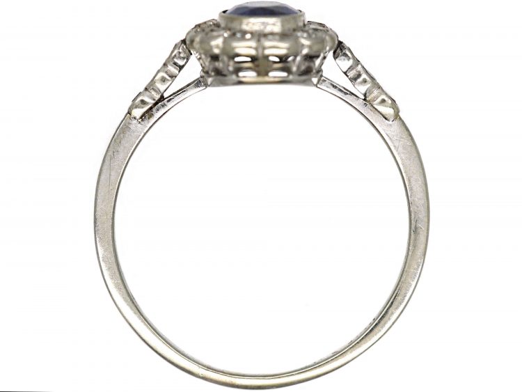 Art Deco 18ct White Gold & Platinum, Sapphire & Diamond Oval Cluster Ring with Diamond Set Shoulders
