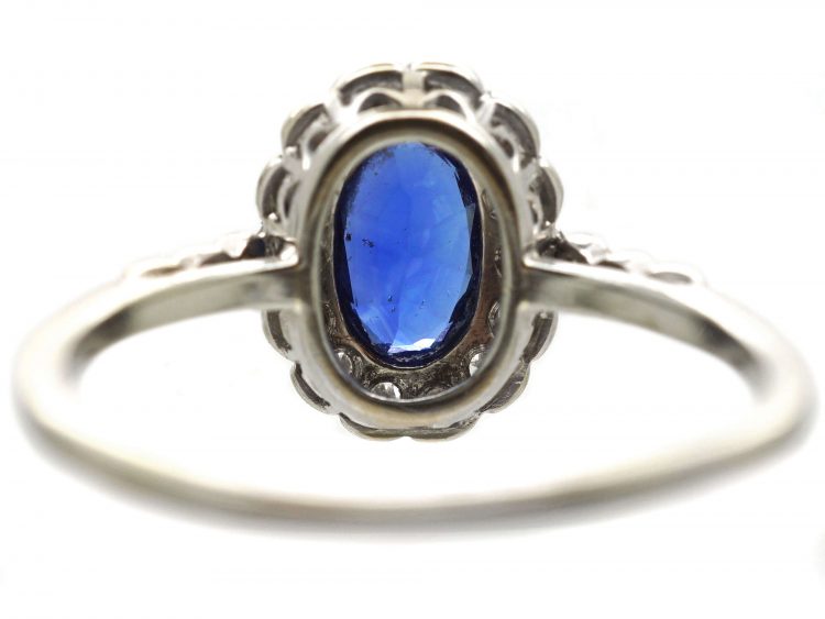 Art Deco 18ct White Gold & Platinum, Sapphire & Diamond Oval Cluster Ring with Diamond Set Shoulders