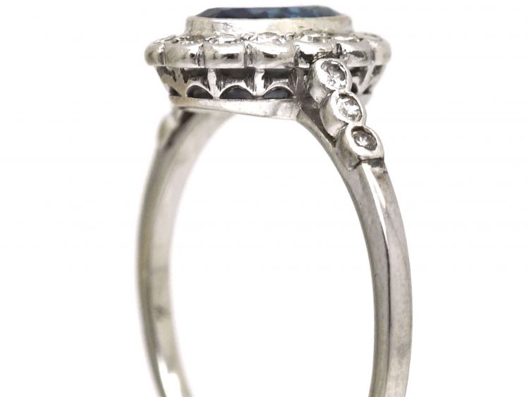 Art Deco 18ct White Gold & Platinum, Sapphire & Diamond Oval Cluster Ring with Diamond Set Shoulders